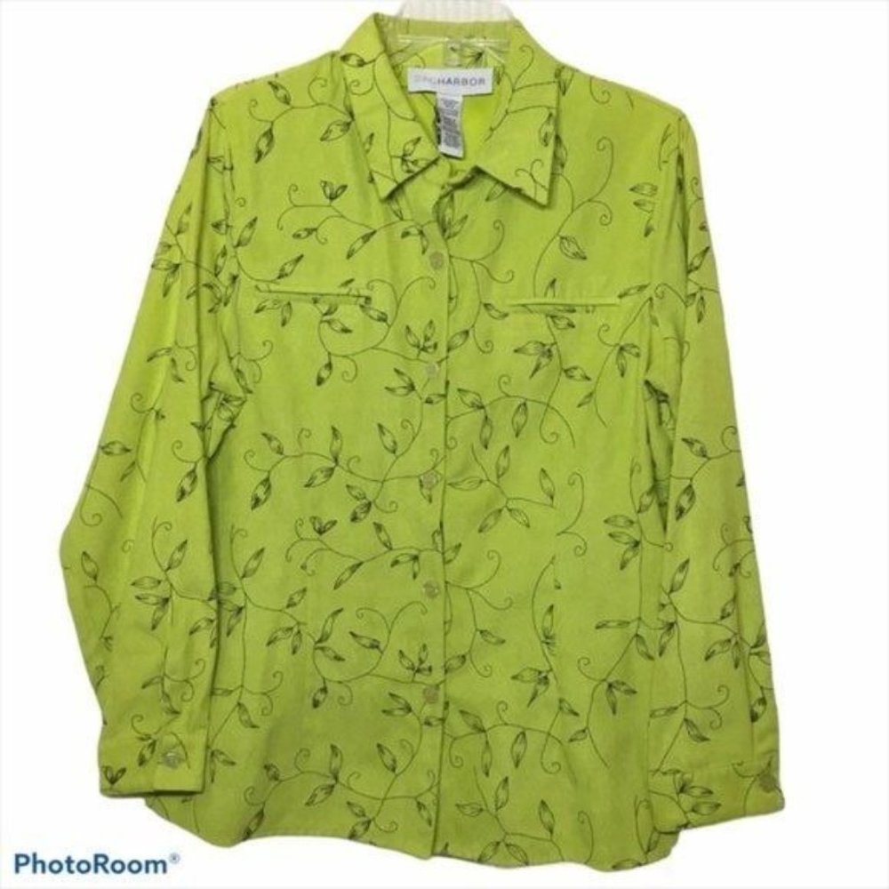 Sag Harbor Lime Green Button-Up Shirt with Floral Vine Print Size 14